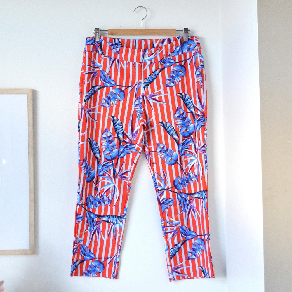 red & blue palm print cropped leggings, large